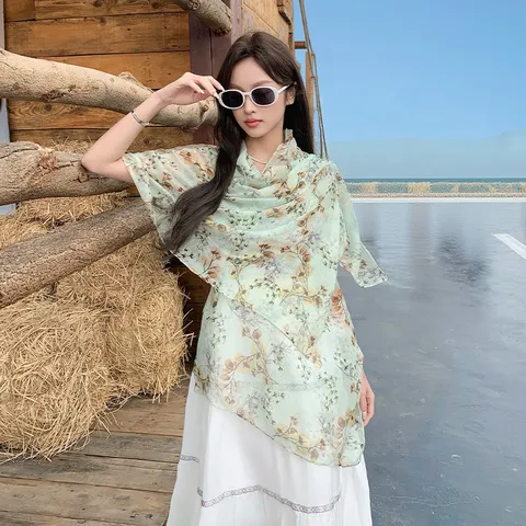 Donna Moda Floreale Stampato Sciarpa Leggero Poliestere Voile Lungo Scialle Spiaggia Protezione Solare Sciarpa Quotidiano