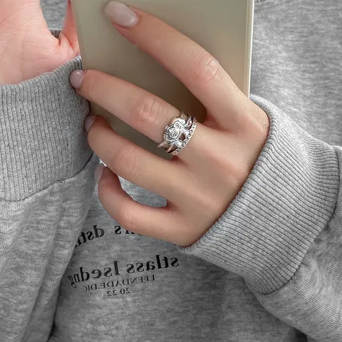 Vintage S925 Sterling Silver Elephant Open Ring For Women Thai Silver Style Triple Layer Twisted Rope Adjustable Ring Jewelry