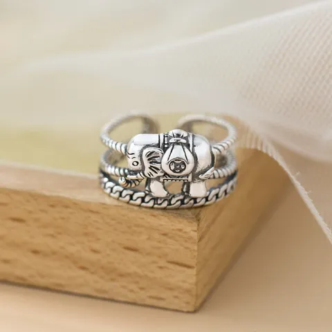 Vintage S925 Sterling Silver Elephant Open Ring For Women Thai Silver Style Triple Layer Twisted Rope Adjustable Ring Jewelry