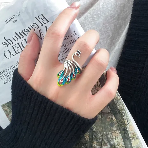 Vintage S990 Sterling Silver Peacock Opening Ring For Women New Chinese Style Enamel Rhinestone Thai Silver Adjustable Finger Ring