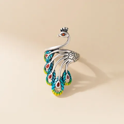 Vintage S990 Sterling Silver Peacock Opening Ring For Women New Chinese Style Enamel Rhinestone Thai Silver Adjustable Finger Ring