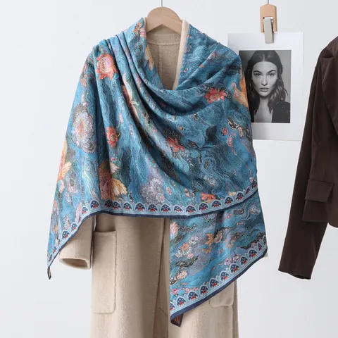 Nuovo Foulard Quadrato Grande in Stile Cinese Imitazione Seta Scialle con Stampa Floreale Bifacciale Elegante Sciarpa da Donna