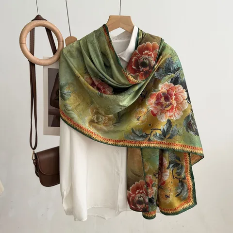 Retro Neocinese Sciarpa Lunga in Seta Stampata Bilaterale Bicolore Donna Elegante Scialle Paesaggio Floreale