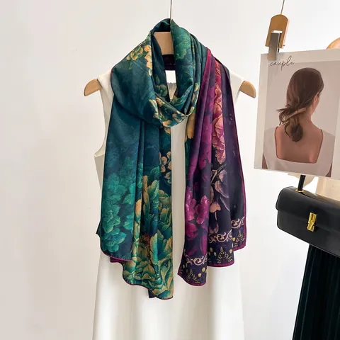 New Chinese Style Retro Floral Print Imitation Silk Long Scarf Shawl Double Sided Women Spring Autumn Accessories
