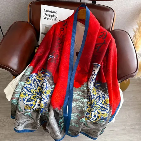 Donna Vintage Motivo Pelle di Drago Stampa Floreale Lunga Sciarpa in Raso Leggera Scialle Protezione Solare Sciarpa alla Moda