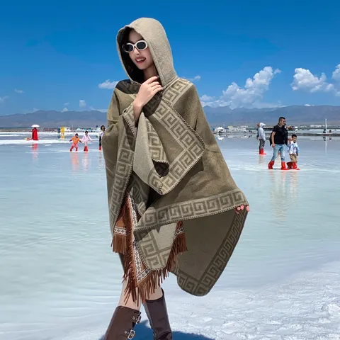 Damen Acryl Ehtnisch Geometrisch Griechisch Schlüssel Geknitter Umhang Schal Herbst Winter Warmer Offener Poncho Fransen Fransen Oberbekleidung Cape