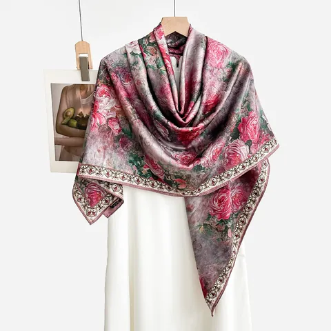 Grande Sciarpa Quadrata Retrò Bifacciale per Donna Nuovo Stile Cinese Stampa Floreale Sciarpa in Seta Sintetica Sciarpa Elegante