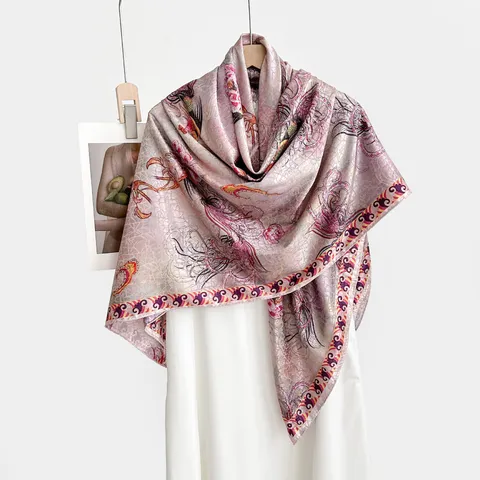 Grande Sciarpa Quadrata Retrò Bifacciale per Donna Nuovo Stile Cinese Stampa Floreale Sciarpa in Seta Sintetica Sciarpa Elegante