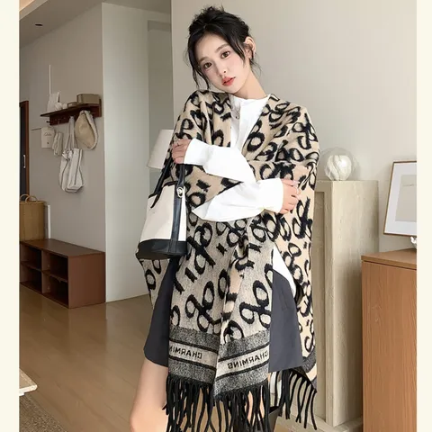 Women's Fashion Knitted Tassel Scarf Long Shawl Autumn Winter Warm Thickened Geometric Print Neckerchief Versatile Blanket Wrap