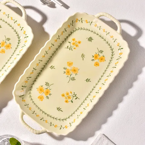 Assiette Rectangulaire à Double Oreille en Céramique Style Japonais Motif Floral Vaisselle Plateau de Service