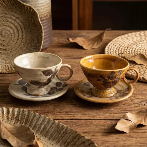 Retro Ceramic Coffee Cup And Saucer Set Kiln-Changing Glaze Tea Cup With Gift Box For Home Afternoon Tea Office