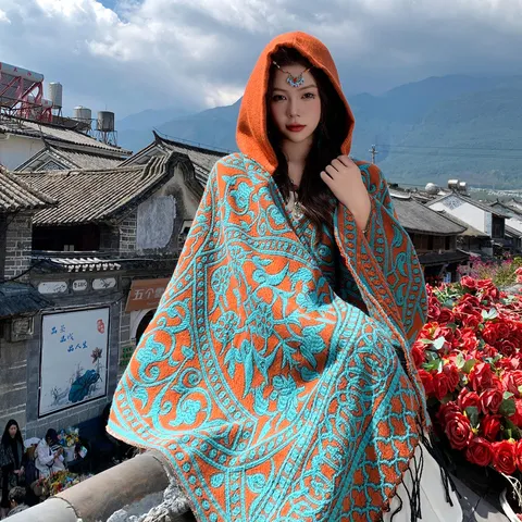 Women's Ethnic Style Jacquard Knit Cape Shawl Winter Warm Acrylic Open Front Tassel Poncho Wrap