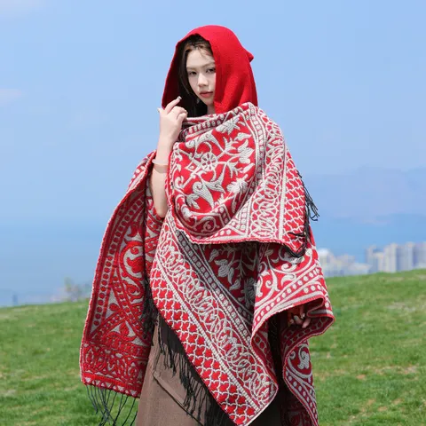 Women's Ethnic Style Jacquard Knit Cape Shawl Winter Warm Acrylic Open Front Tassel Poncho Wrap