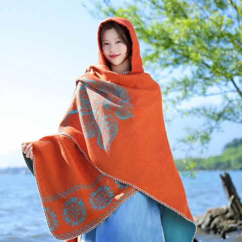 Women Winter Warm Acrylic Shawl Cape Ethnic Floral Reversible Poncho Long Outerwear Blanket Wrap Scarf