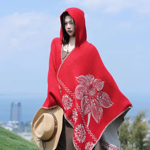 Women Winter Warm Acrylic Shawl Cape Ethnic Floral Reversible Poncho Long Outerwear Blanket Wrap Scarf