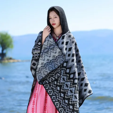 Women Bohemian Geometric Jacquard Hooded Cape Shawl Acrylic Winter Warm Open Front Split Poncho Scarf