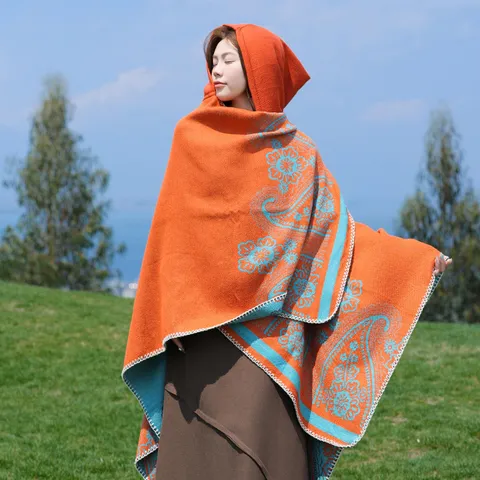 Ethnic Style Paisley Pattern Hooded Knit Shawl Cape Versatile Open Front Outerwear Winter Warm Fringe Cloak For Travel