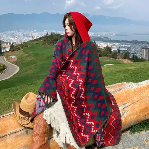 Ethnic Style Colorful Geometric Hooded Shawl Acrylic Artificial Wool Warm Outerwear Cape Scarf For Travel Outdoor