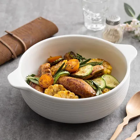 Japanese Style Ceramic Double Ear Soup Bowl Large Capacity Household Tableware Kitchen Dining Bowl