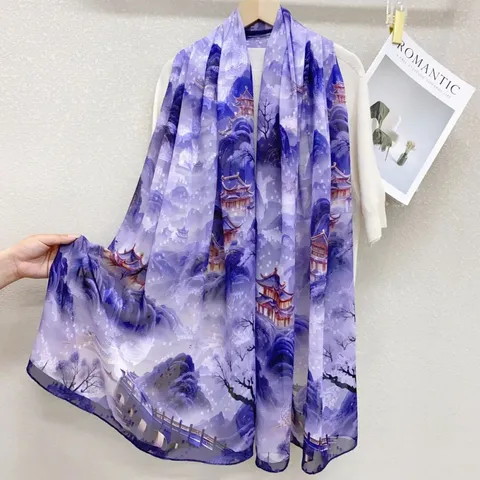 Nuovo Stile Cinese Sciarpa di Seta con Stampa Floreale Donna Sciarpa Lunga e Leggera Sfumata Protezione Solare Elegante Foulard