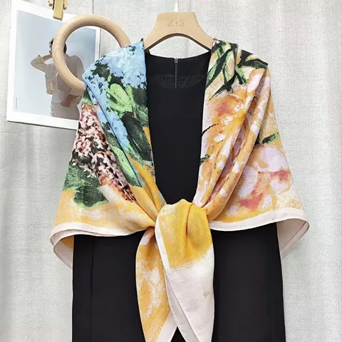 Donne Vintage Stampa Floreale Grande Sciarpa Quadrata Lana Seta Imitazione Orlo a Mano Scialle Inverno Caldo