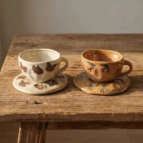 Conjunto De Taza De Café Y Plato De Cerámica Hecho A Mano Retro Taza Glaseada De Cambio De Horno Con Caja De Regalo Para Hogar Oficina