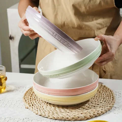 Ins Style Gradient Ceramic Deep Plate Household Dinnerware Macaron Color Pasta Dessert Dish Microwave Safe Kitchen Tableware