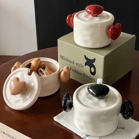 Cute Heart Ceramic Instant Noodle Bowl With Lid And Spoon Double Handle Soup Bowl Home Kitchen Tableware