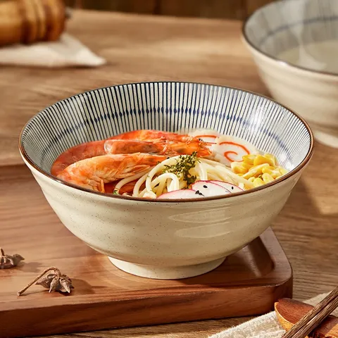 Japans Retro Keramiek Ramen Kom Huishouden Grote Soepkom Gestreept Onderglazuur Servies