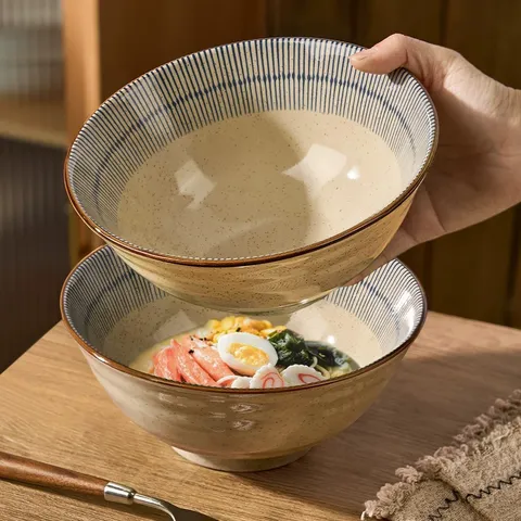 Japans Retro Keramiek Ramen Kom Huishouden Grote Soepkom Gestreept Onderglazuur Servies