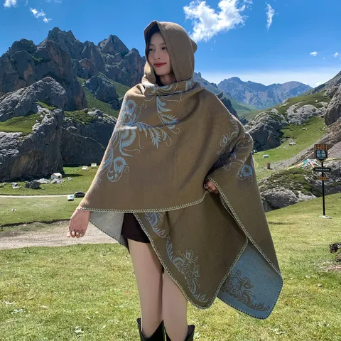 Donna Inverno Caldo incappucciato Mantello Stola Stile Etnico Floreale Stampato Aperto Davanti Capospalla