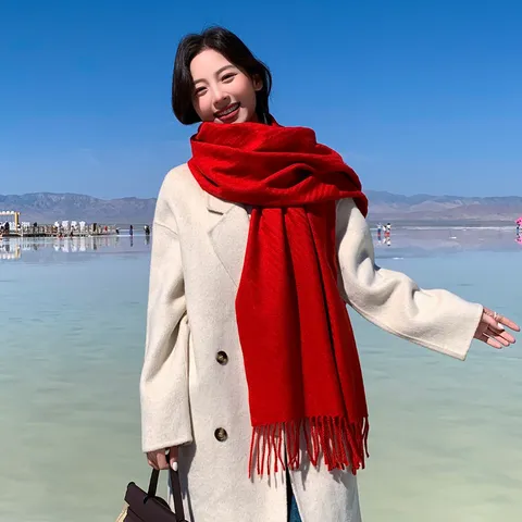 Donne Inverno Tinta Unita Misto Lana Sciarpa Ispessita Calda Lunghe Nappe Scialle Moda Versatile Quotidiano Scaldacollo