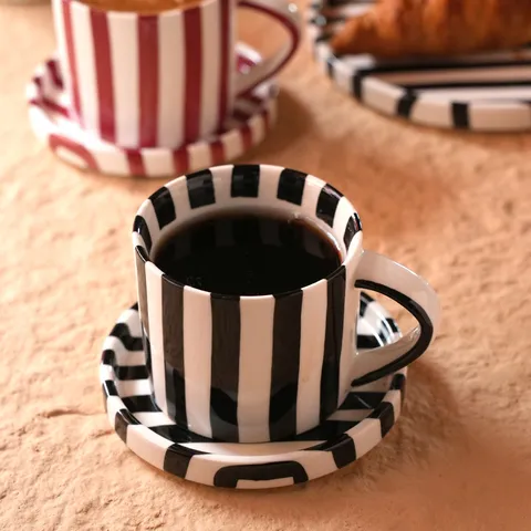 Juego de Taza de Café y Plato de Cerámica A Rayas Vintage Taza De Té Resistente