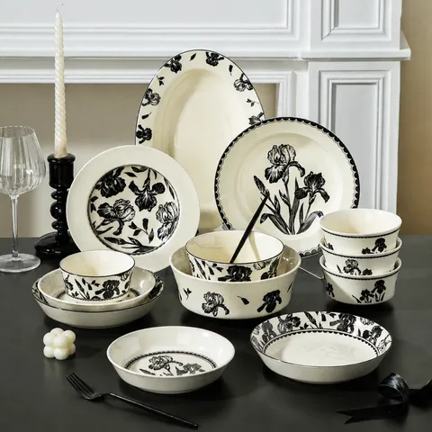 Retro Ceramic Dinnerware Set Vintage Black and White Floral Bowl Plate Kitchen Tableware Soup Bowl Serving Dish