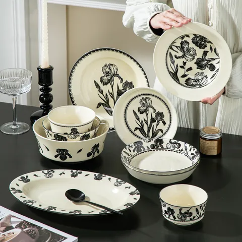 Retro Ceramic Dinnerware Set Vintage Black and White Floral Bowl Plate Kitchen Tableware Soup Bowl Serving Dish