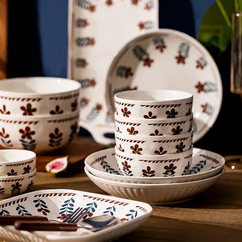Set de Bol et Assiette en Céramique Floral Rétro Style Japonais Vaisselle Sous-Glaçure Cuisine Repas