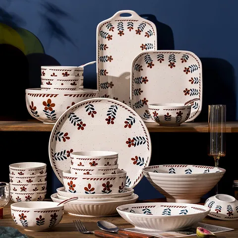 Set de Bol et Assiette en Céramique Floral Rétro Style Japonais Vaisselle Sous-Glaçure Cuisine Repas