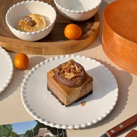 Vajilla de Cerámica de Alta Gama Francesa Cuenco Plato Doméstico Cuenco de Sopa con Borde de Cuentas Blancas Plato de Postre
