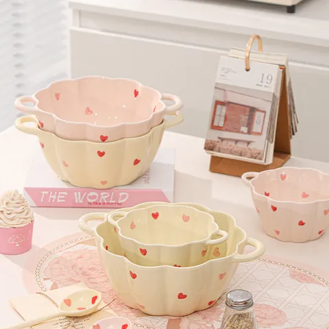 Ins Style Ceramic Double Ear Bowl Heart Pattern Cute Soup Bowl Salad Bowl Microwave Safe Home Kitchen Tableware