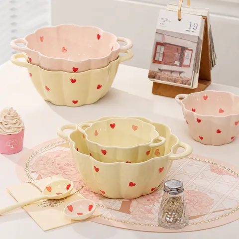 Ins Style Ceramic Double Ear Bowl Heart Pattern Cute Soup Bowl Salad Bowl Microwave Safe Home Kitchen Tableware