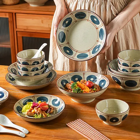 Style Japonais Sous Glaçure Céramique Bol Et Plat Ensemble Vaisselle Ménage Soupe Ramen Bols Assiettes Cuisine Salle À Manger