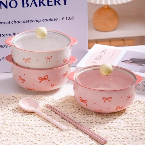 Joli Bol à Nouilles Instantanées en Céramique Avec Couvercle Double Oreilles Design Nœud Rose Bol à Soupe Pour Cuisine Maison
