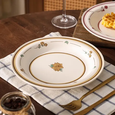 Vintage Ceramic Dinner Plate Retro Floral Design Western Steak Pasta Soup Plate Home Kitchen Tableware Dining Dish
