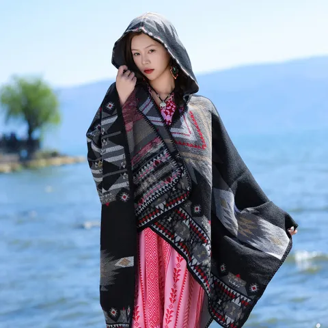 Women's Retro Geometric Pattern Knitted Hooded Cloak Shawl Casual Open Front Poncho Cape