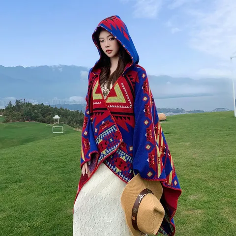 Women's Retro Geometric Pattern Knitted Hooded Cloak Shawl Casual Open Front Poncho Cape