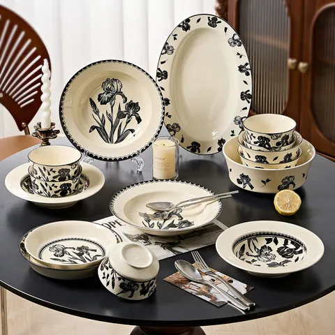 Vaisselle en Céramique Rétro de Luxe Bol et Assiette Design Floral Sous Glaçure Cuisine Salle à Manger Cadeau