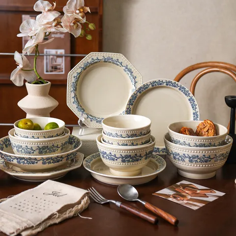 Service de Bol et Assiette en Céramique Vintage Français Bleu Floral Perle Gaufrée Vaisselle Pour Cuisine Maison