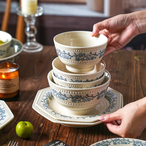 Service de Bol et Assiette en Céramique Vintage Français Bleu Floral Perle Gaufrée Vaisselle Pour Cuisine Maison