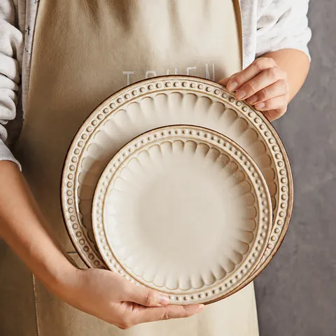 Vintage Ceramic Dinner Plate Embossed Dot Underglaze Round Deep Flat Plate For Home Western Steak Pasta Tableware