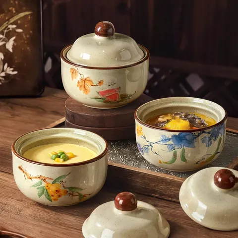 Chinese Retro Ceramic Stew Pot With Lid Underglaze Color Soup Bowl Egg Steaming Crock Kitchen Cookware